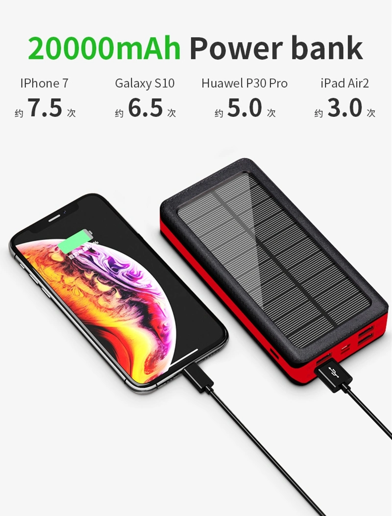 Portable Outdoor Style 10000 20000 30000 50000mAh Travel Waterproof USB/Type-C /Micro Mobile Phone Share Charger Mini Solar Power Bank with Flash Light