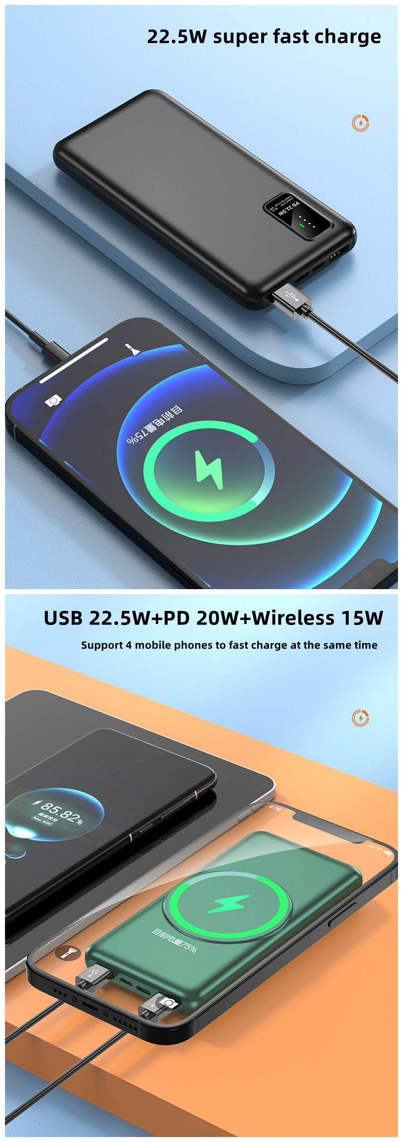 Factory Wholesale Price Type-C Pd22.5W Fast Charging QC3.0 Portable Magnetic Wireless 10000mAh Powerbank