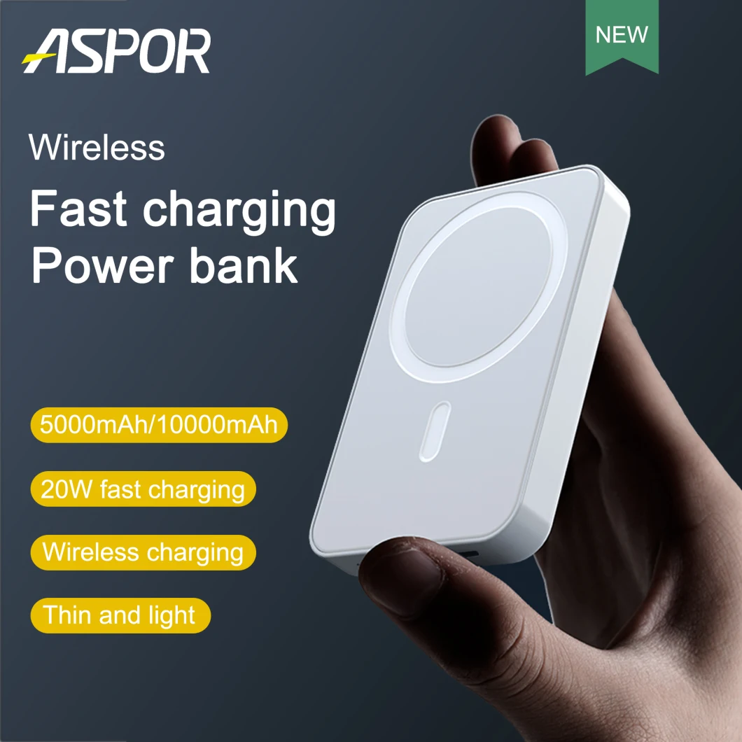 2022aspor Black and White Large Capacity Wireless Power Bank Lithium Battery 10000mAh 18.5W Total Output 20W